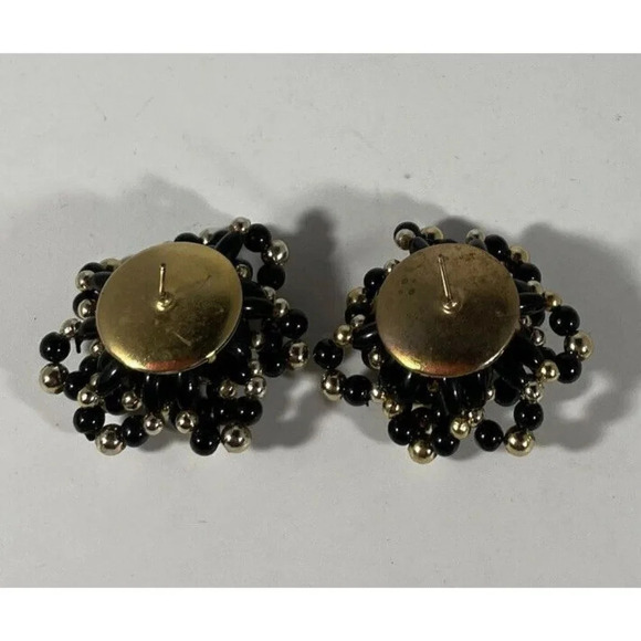 VTG Black Gold Tone Lucite Bead Cluster Chunky Pierced Earrings - Picture 2 of 2